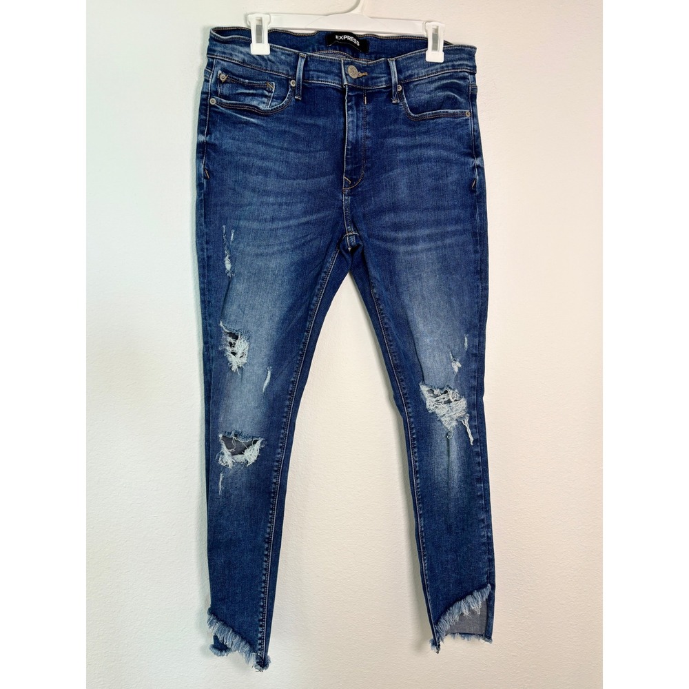 Express Mid Rise Ankle Legging Jeans 12R Distressed Step Hem Medium Wash Stretch